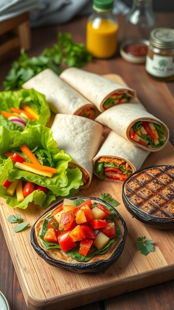 A variety of healthy sandwich alternatives including lettuce wraps, whole grain wraps, and grilled portobello mushrooms on a cutting board.